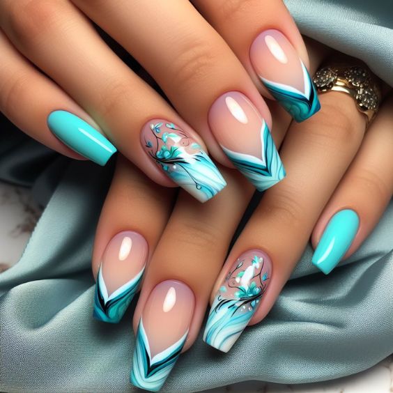 Abstract Aqua Blue French Tips