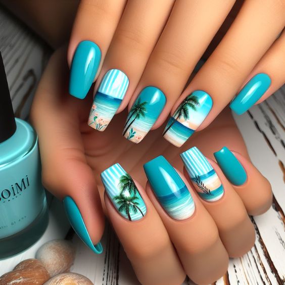 Aqua Blue Beach Nails