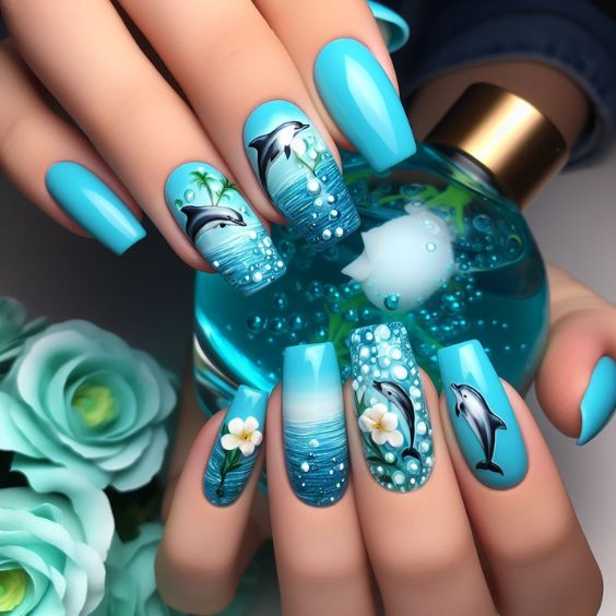 Aqua Blue Nails with Dolphin Play