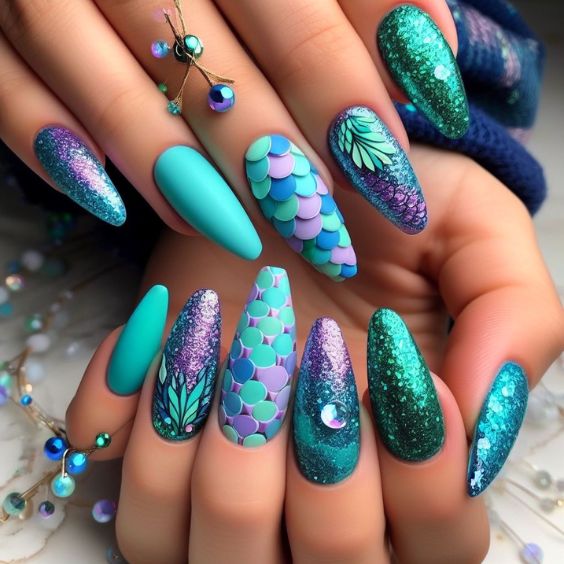 Aqua Blue Nails with Mermaid Scales