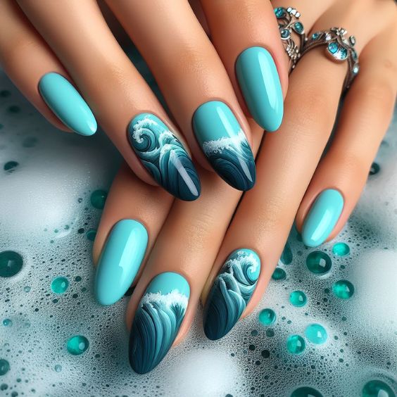 Aqua Blue Nails with Ocean Waves