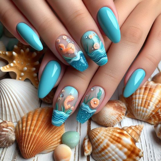 Aqua Blue Nails with Seaside Seashells