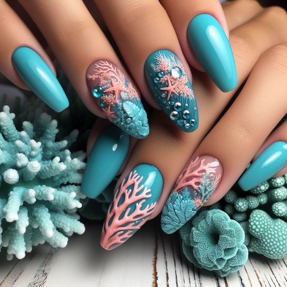 Aqua Blue Nails with Underwater Coral Reefs