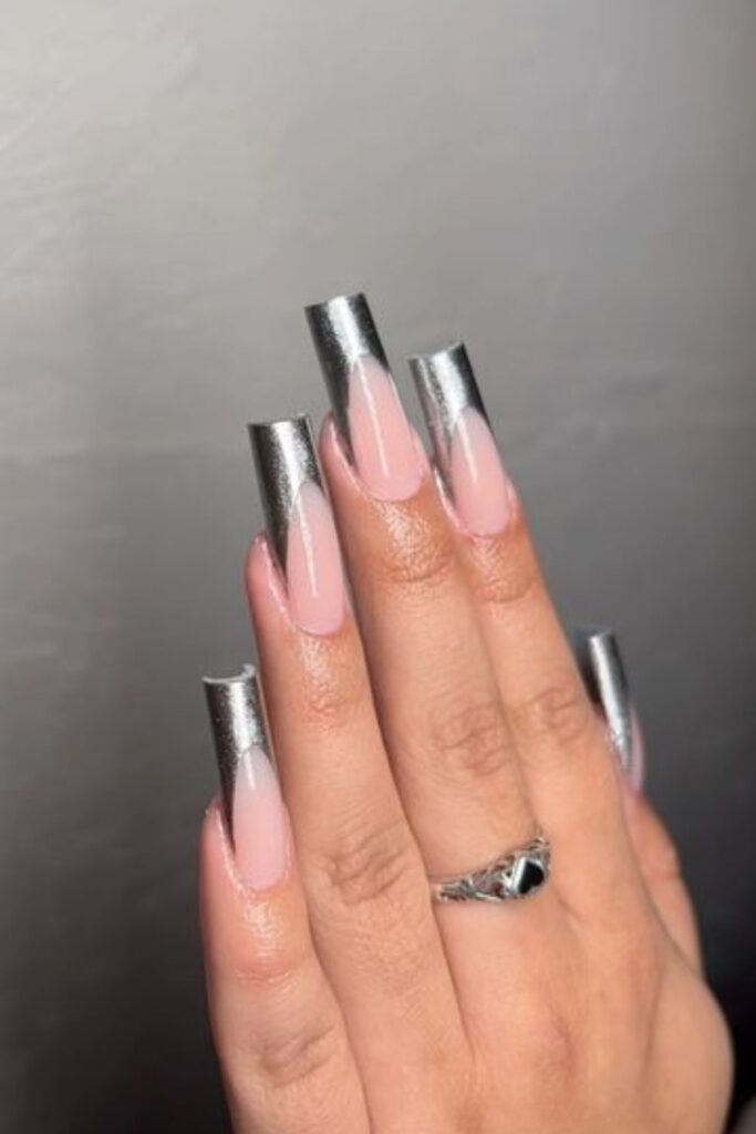 Chrome French Tip Coffin Nails