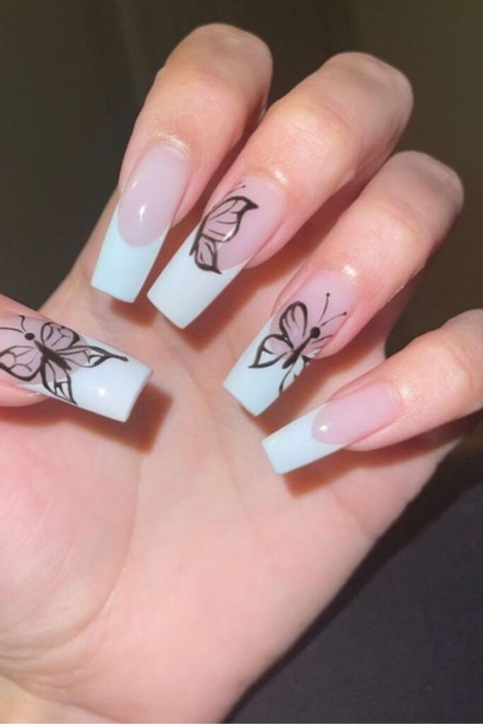 Coffin French Tip Nails With Butterflies