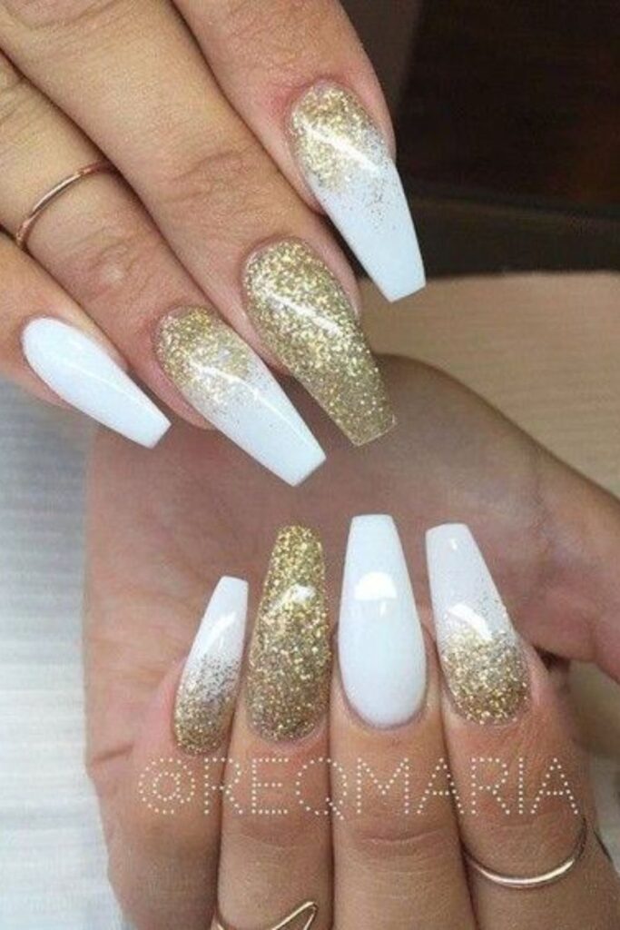 Golden Glittery Coffin French Tip Nails