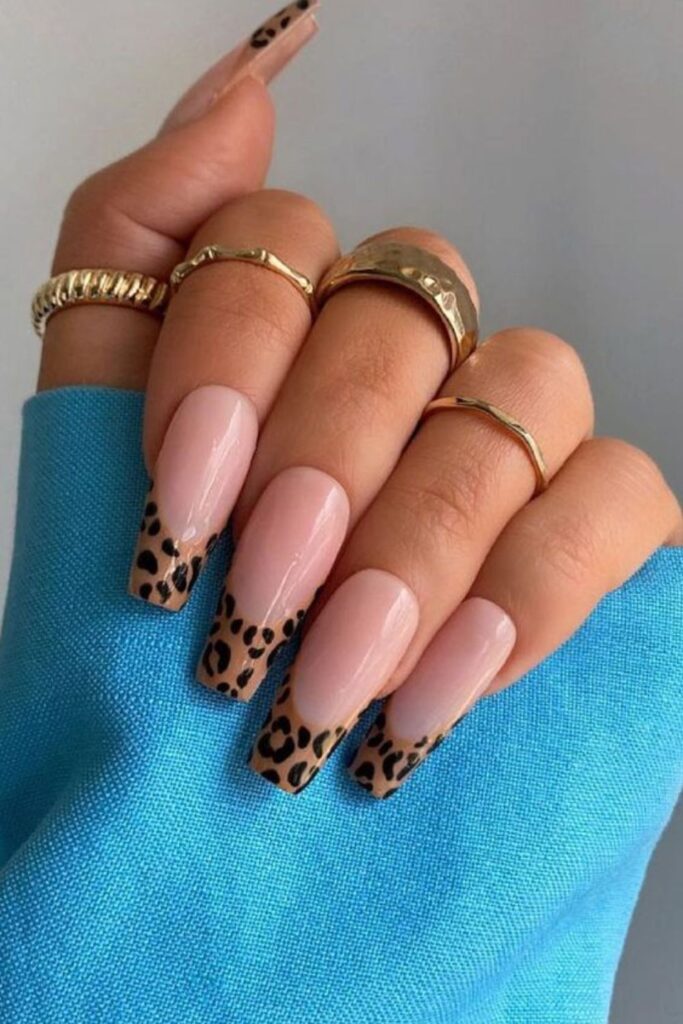 Leopard Print Coffin French Tip Nails