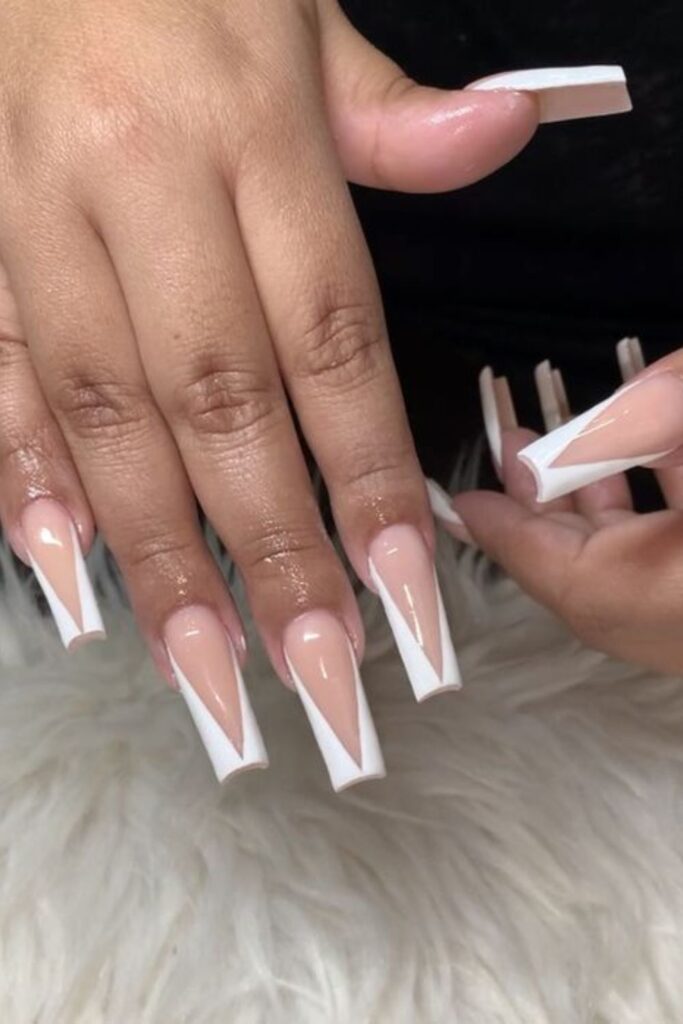 Long Coffin French Nails With V Tips