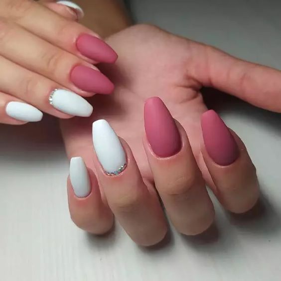 Matte Magenta & White Nails