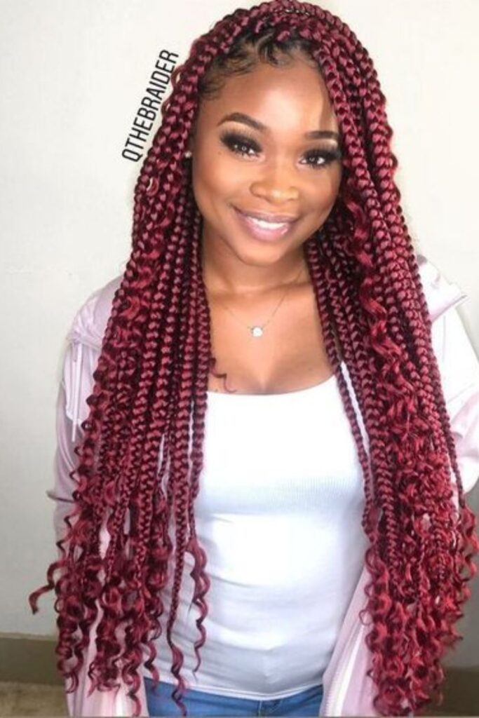 Red Goddess Box Braids With Curly Hair