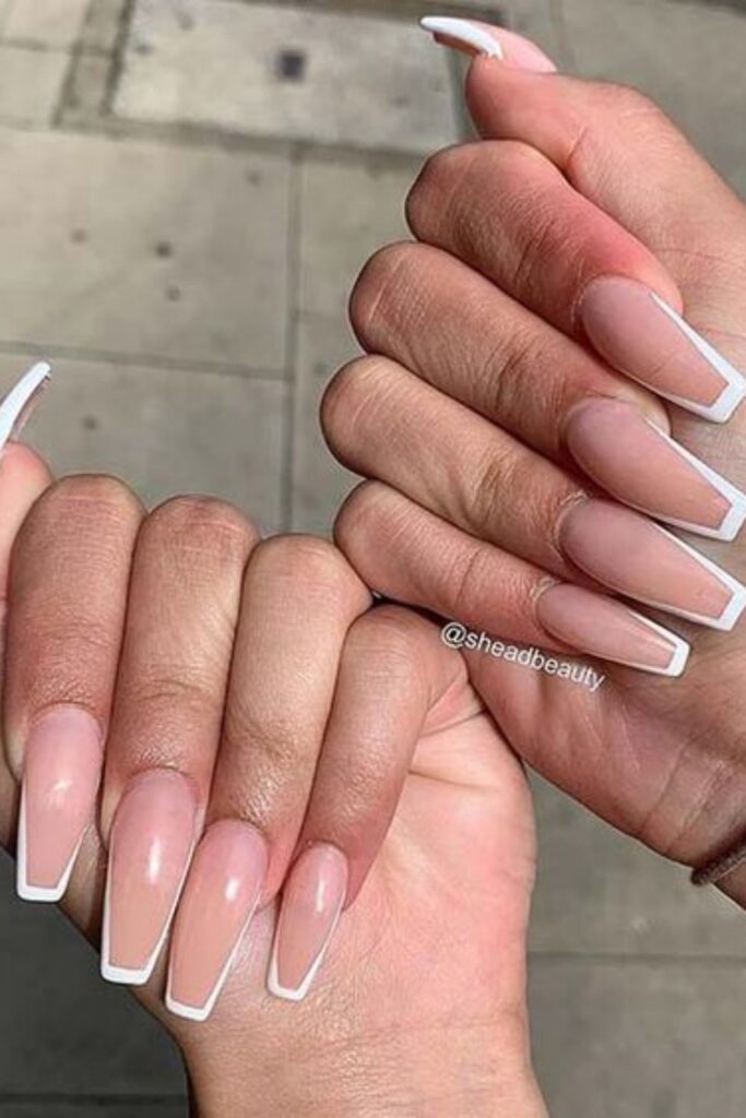 White Coffin Thin French Tip Nails