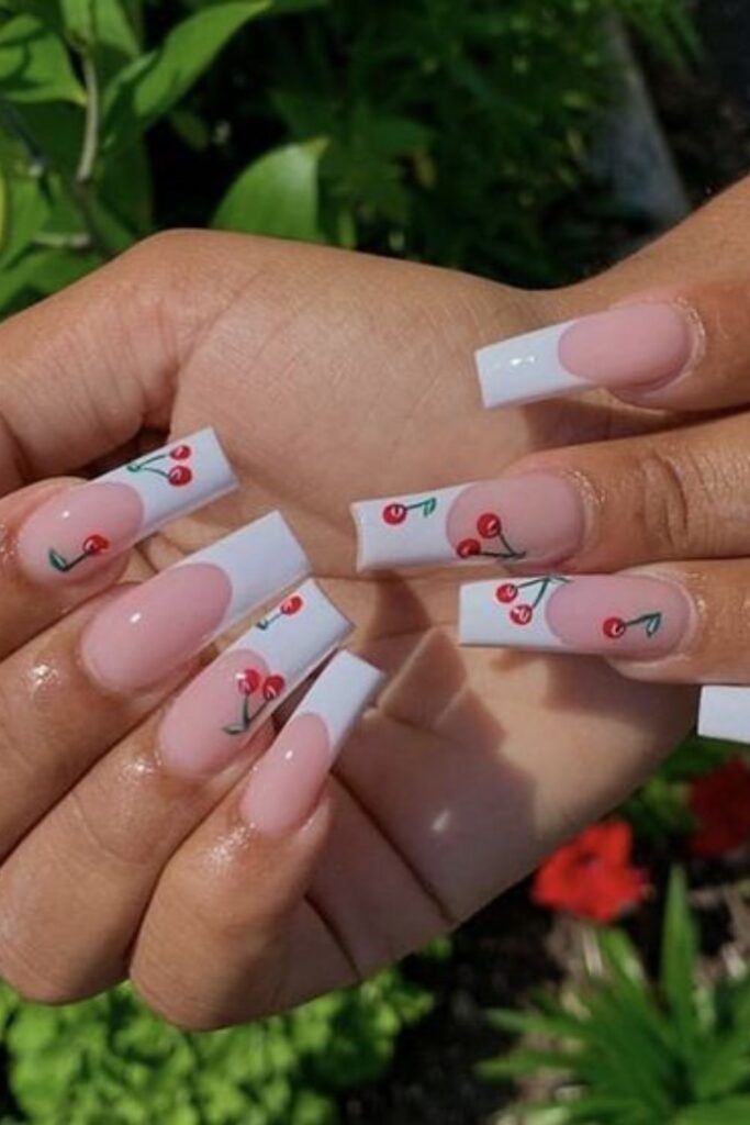 White French Tip Nails With Cherries