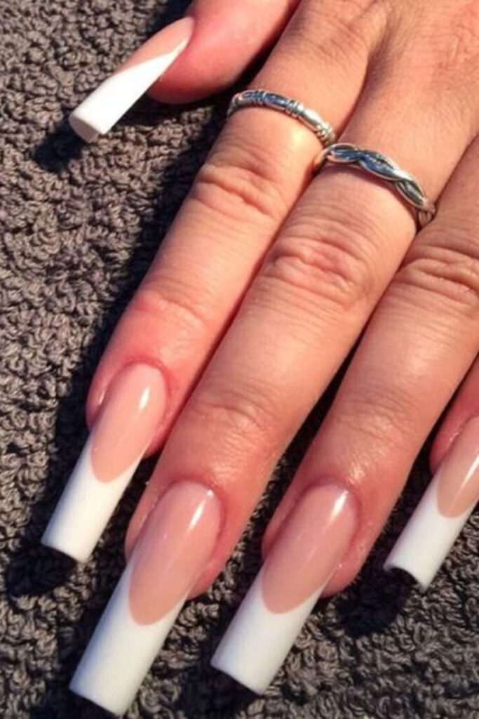 White Long Coffin French Tip Nails