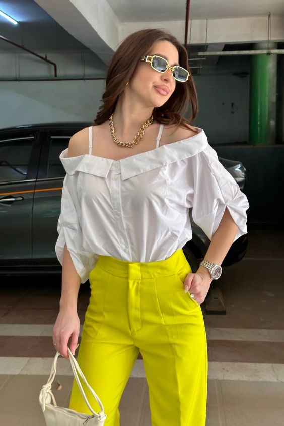 Yellow Pants with an Off-Shoulder Top